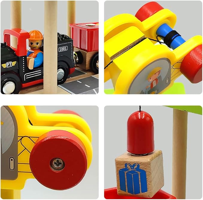 Wooden Train Track Accessories Wooden Crane Toy Set with Train Cars for 3 4 5 Year Old Boys Kids Other Major Wooden Rail Brands are Compatible (Multi-function Crane)