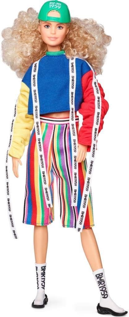 Barbie BMR1959 Fashion Doll with Curly Blonde Hair, in Color Block Sweatshirt with Logo Tape, Fully Poseable, with Accessories and Doll Stand