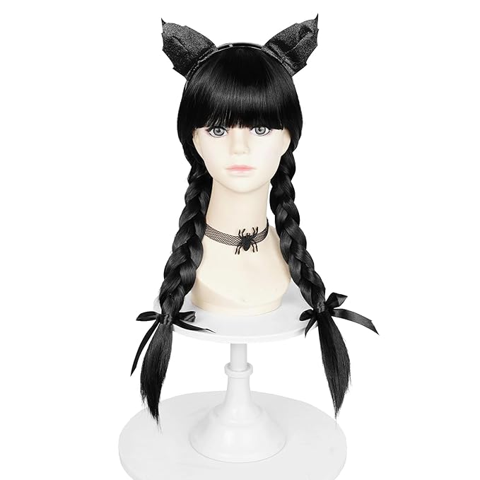 Probeauty Long Black Braided Wig for Kids Girls Cosplay Wigs with Devil Headband Necklace for Halloween Costume