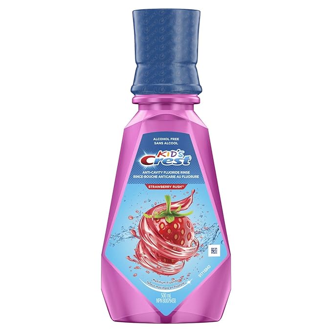 Crest Kid's Anti Cavity Fluoride Mouthwash, Alcohol Free, Strawberry Rush, 500 mL (16.9 fl oz), Pack of 4