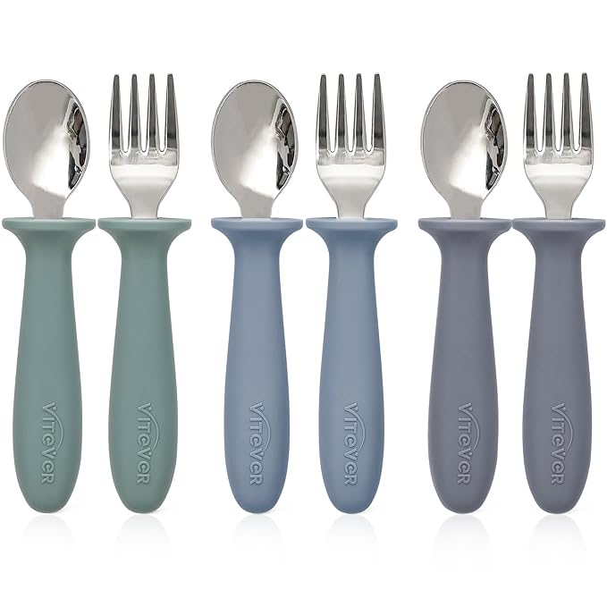 6 Pieces Toddler Utensils, Kids Safe Spoons and Forks, Children Silverware Set with Silicone Handle, 18/8 Stainless Steel, Food-grade Silicone，BPA Free - Dishwasher Safe