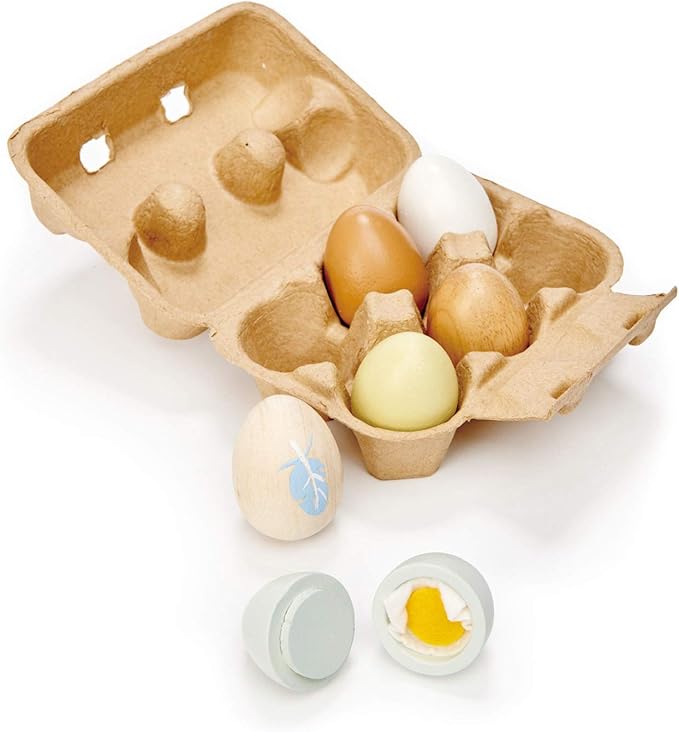 Tender Leaf Toys - Wooden Eggs - 6 Pieces Pretend Food Play Solid-Wood Eggs with Carton Box, Realistic Easter Egg Toy - Shopping Game Accessories for Children - Age 3+