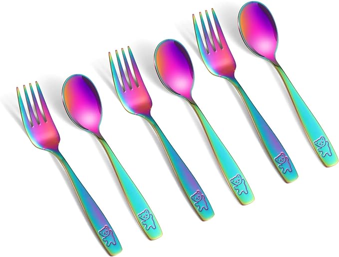Pimoys 6 Pieces Toddler Utensils Kids Rainbow Silverware Stainless Steel Toddler Forks and Spoons Set, Metal Childrens Safe Flatware Child Cutlery Set, Dishwasher Safe
