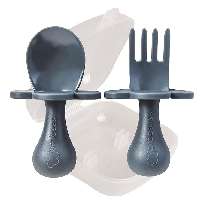 Grabease Toddler Spoon & Fork - First Stage Baby Spoons for Self Feeding from 4+ Months - BPA-Free & Phthalate-Free Baby Utensils & Silverware - 1 Set, Gray - Silverware Set - 1 Year Old Utensils
