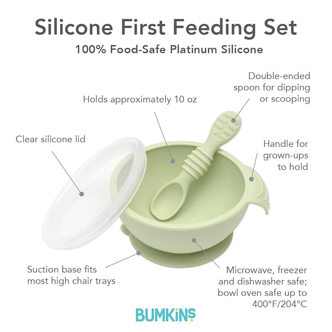 Bumkins Baby Bowl, Silicone Feeding Set with Suction for Baby and Toddler, Includes Spoon and Lid, First Feeding Set, Training Essentials for Baby Led Weaning for Babies 4 Months Up, Sage