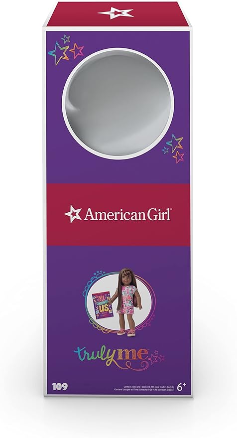 American Girl Truly Me 18-inch Doll #109 with Gray Eyes, Brown Hair w/Bangs & Highlights, Very Deep Skin, Dress, For Ages 6+