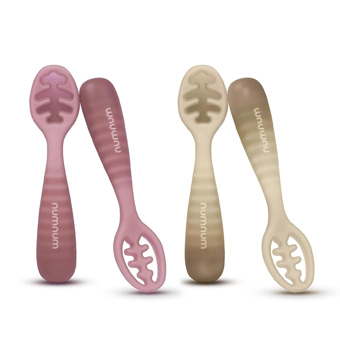 NumNum Baby Spoons Set, Pre-Spoon GOOtensils for Kids Aged 12+ Months - First Stage, Baby Led Weaning (BLW) Spoon - Self Feeding, Silicone Toddler Food Utensils - 1-Pack, 4 Spoons, Beige/Mauve