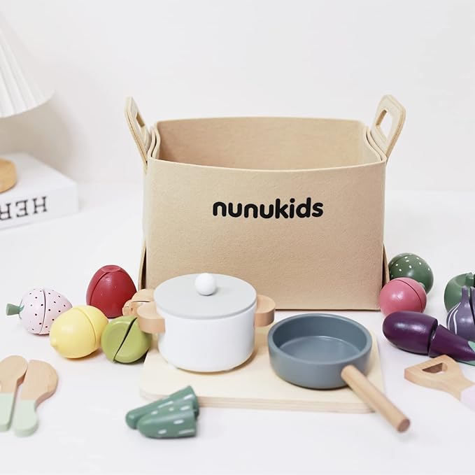 Wooden Play Food Sets for Kids Kitchen 42 pc Wooden Toys with Storage Basket Wood Pretend Food Play Kitchen Accessories Set