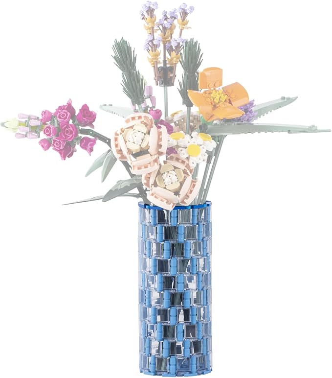 MOOXI-MOC Transparent Blue Vase Building Set,Compatible with Lego Flower Bouquet 10280,DIY Creative Building Blocks Display Arrangement Household Decorative Toys(340pcs)