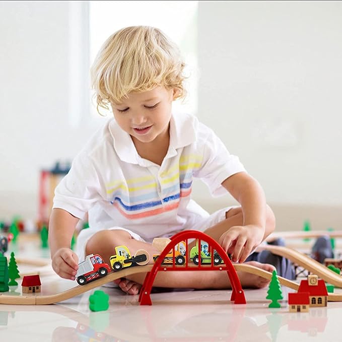 umu Construction Toy Cars 7 PCS Wooden Kids Mini Vehicles for Toddlers, Compatible to Thomas Train Toys Railway and Major Brands, Best for 3 to 5 Year Old Boys and Girls