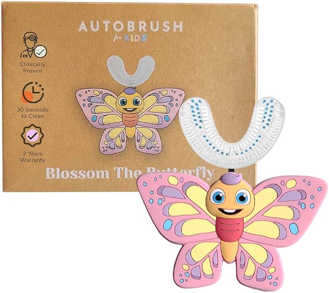 autobrush U Shaped Kids Manual Toothbrush- 360° Design for 5.1X Better Cleaning with Unique Nylon Bristles, Comfort Grip Handle, Waterproof Design, Ages 9-12, Butterfly (Double-Sided)