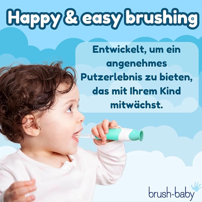 brush-baby BabySonic Infant and Toddler Electric Toothbrush for Ages 0-3 Years - Smart LED Timer and Gentle Vibration Provide a Fun Brushing Experience - Includes 2 Sensitive Brush Heads (Teal)