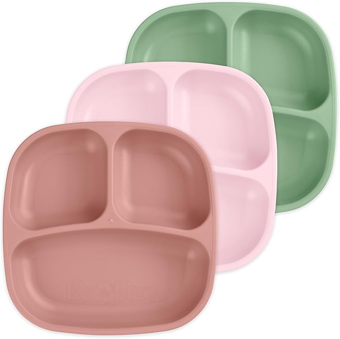 Re-Play Made in USA 7" Deep Walled Divided Plates for Kids, Set of 3 - Reusable 3 Compartment Plates, Dishwasher and Microwave Safe - 7.37" x 7.37" x 1.25", Desert Roses