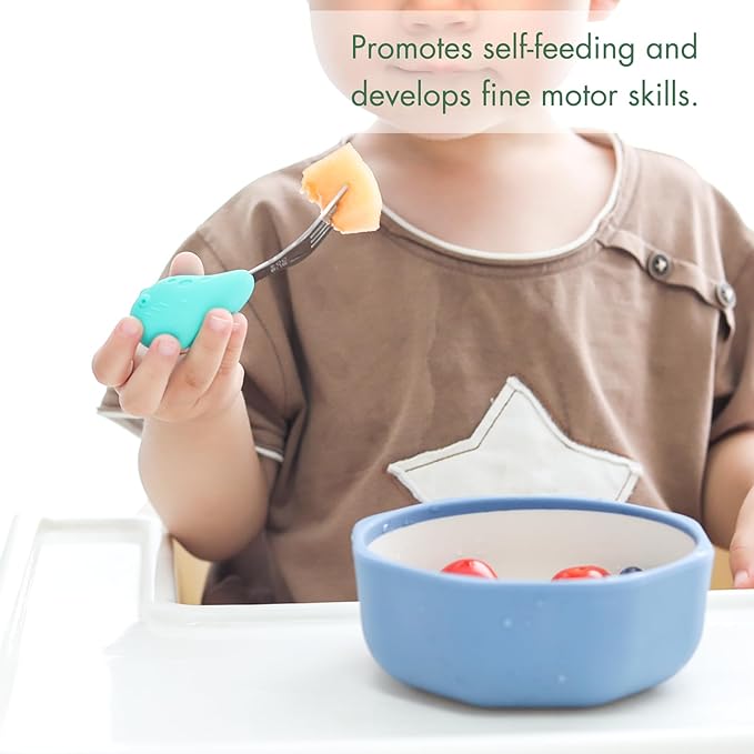 Baby Fork and Spoon Set with Carry Case Baby Training Utensils Self Feeding Toddler Silverware Silicone and Stainless Steel Kids and Toddler Utensil Set-Dinosaur