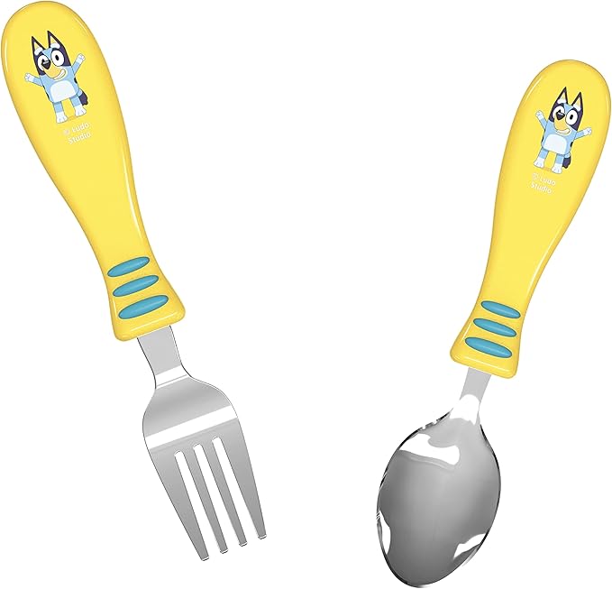 Zak Designs Bluey Kid Flatware Fun Character Art on Both Utensils, Non Slip Fork and Spoon Set is Perfect for Encouraging Picky Eaters to Finish Their Plates, 2 pack (4 PCS)