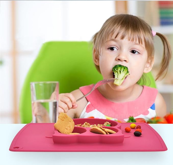 Qshare Toddler Plate, Portable Baby Plate for Toddlers and Kids, BPA-Free Strong Suction Plates for Toddlers, Dishwasher and Microwave Safe Silicone Placemat 11x8x1 inch