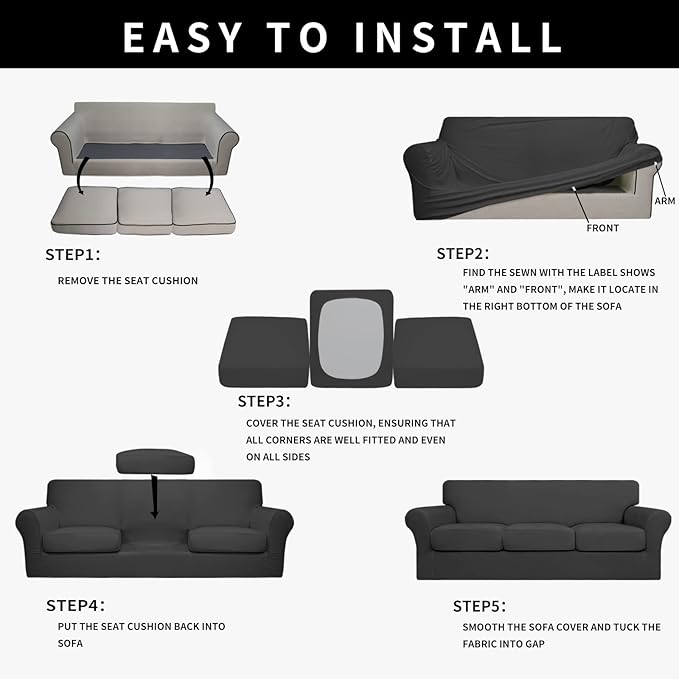 Easy-Going 100% Dual Waterproof Stretch Soft Couch Cover for Dogs, Sofa Slipcover for 3 Separate Cushion Couch Leakproof Furniture Protector for Kids, Pets Dark Gray