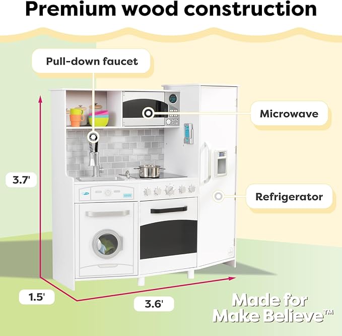 KidKraft Large Wooden Play Kitchen with Lights & Sounds, Icemaker, Play Phone, White, Gift for Ages 3+