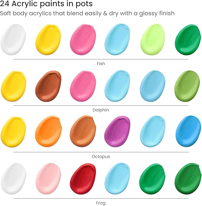 ARTEZA Kids Water Creatures Painting Kit, 4 Canvases 8 x 8 Inches, 24 Acrylic Paints, 4 Paint Brushes, 4 Palettes, Kids Activities Ages 6 and Up