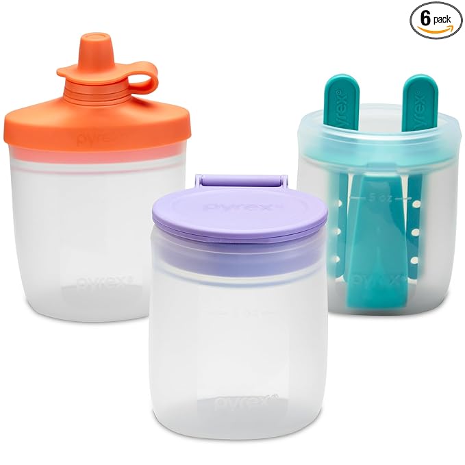 Pyrex Littles (6-PC) Silicone Baby Toddler Feeding Set, 5 OZ Pouches and Lids For Food & Beverage, Airtight Leak-Proof, BPA Free Non-Breakable Dishwasher Safe, Ages 6 Months +