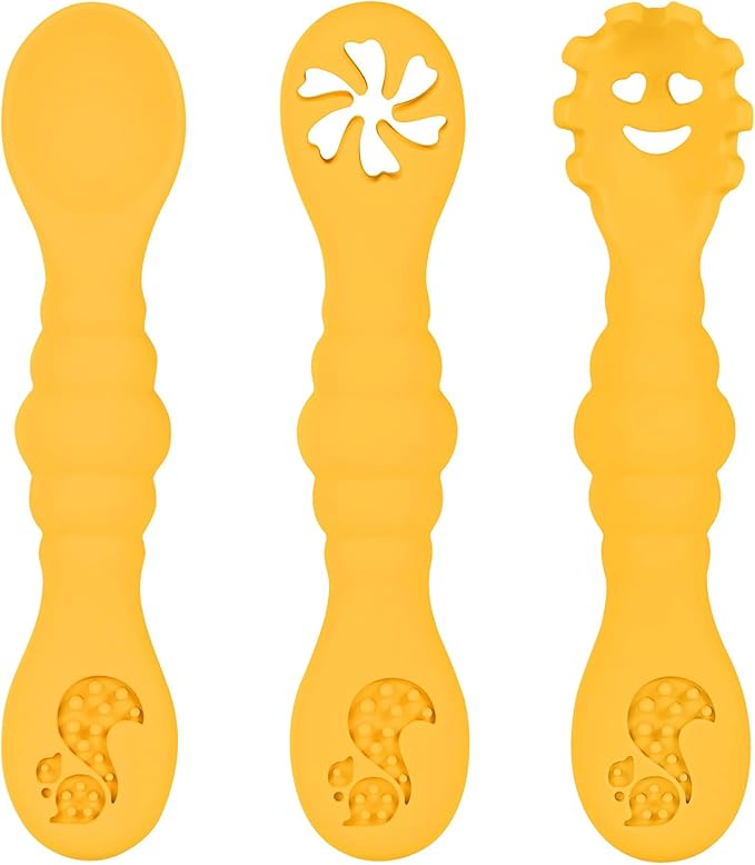 Silicone Baby Spoons Self Feeding 6+ Months 3PCS Toddler Forks and Spoons Utensils Baby Led Weaning Teething Spoon Infant Spoons First Stage Newborn Baby Essentials Baby Gifts Yellow