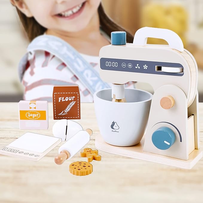 PairPear Play Food Stand Mixer, Wooden Toys Bake Cookies Playset, Multi-Function Play Kitchen Accessories for Kids Ages 3+