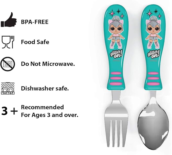 Zak Designs L.O.L. Surprise! Easy Grip Fork and Spoon Set, Kitty Queen, 4-piece set(Flatware (2pk))