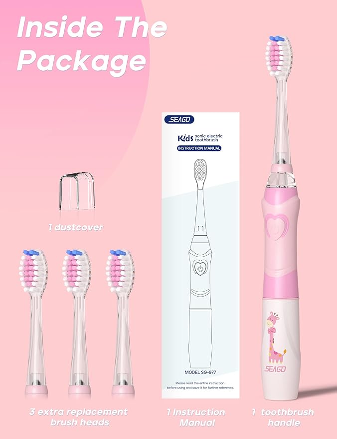 SEAGO Kids Electric Toothbrush with 2 Mins Timer and 4 Replacement Bursh Heads, Rainbow LED Light Make Brushing Fun, Pink Color Girls Battery Powerd for 4-12 Years Old，SG-977