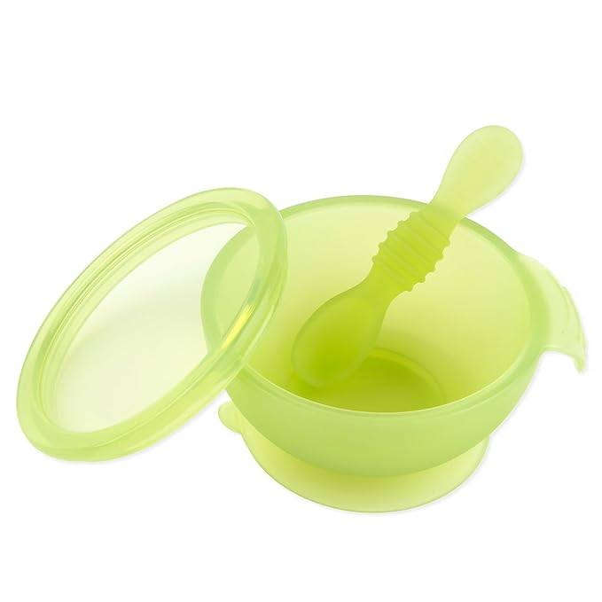 Bumkins Baby Bowl, Silicone Feeding Set with Suction for Baby and Toddler, Includes Spoon and Lid, First Feeding Set, Training Essentials for Baby Led Weaning for Babies 4 Months Up, Green Jelly