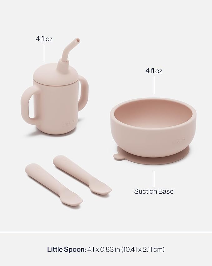 Lalo First Bites Silicone Baby Feeding Set - Baby Led Weaning Supplies - Non-Toxic Silicone - Includes 2 Spoons, Training Cup, & Suction Bowl - 4 Pieces - Grapefruit