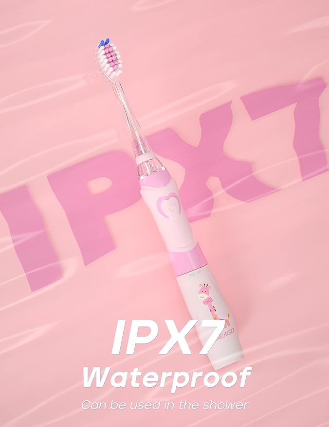 SEAGO Kids Electric Toothbrush with 2 Mins Timer and 4 Replacement Bursh Heads, Rainbow LED Light Make Brushing Fun, Pink Color Girls Battery Powerd for 4-12 Years Old，SG-977