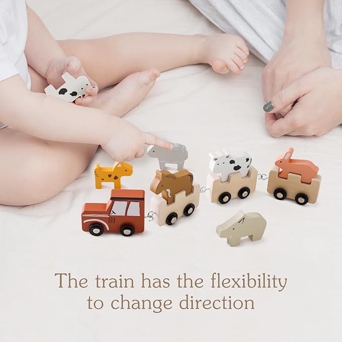 Wooden Train Set Toddler Toys for 3-5 Year Montessori Animal Figurines Train Toy Set Preschool Learning Activities Toys for Kids, Birthday Gift for Toddlers & Kids Aged 3+ (10 PCS)