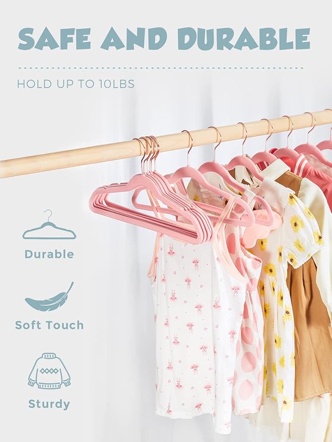 Smartor Kids Velvet Hangers 50 Pack, 14'' Inch Premium Non Slip Kids Felt Hangers for Closet, Space Saving Toddler Clothes Hanger for Youth's Childrens' Clothes (Rose Gold Hook)- Pink
