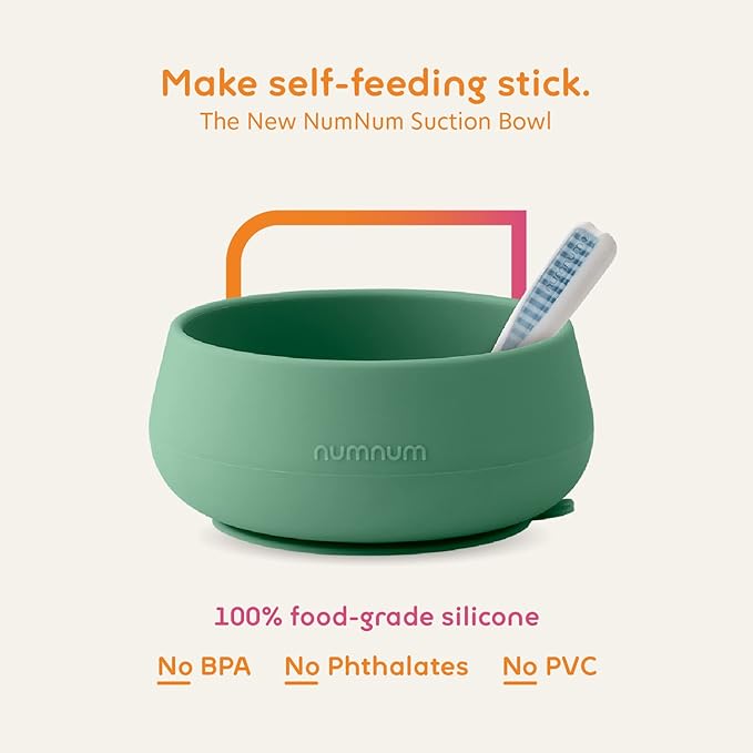 NumNum Self-Feeding Spoon + Suction Bowl Set for Babies & Toddlers - BPA-Free Silicone