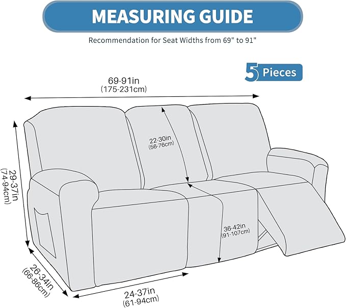 JIVINER 5 Pieces Recliner Sofa Covers Stretch Recliner Sofa Slipcover with Elastic Bottom Jacquard Fitted Reclining 3 Cushion Couch Cover Furniture Protector with Pockets (3 Seater, Coffee)