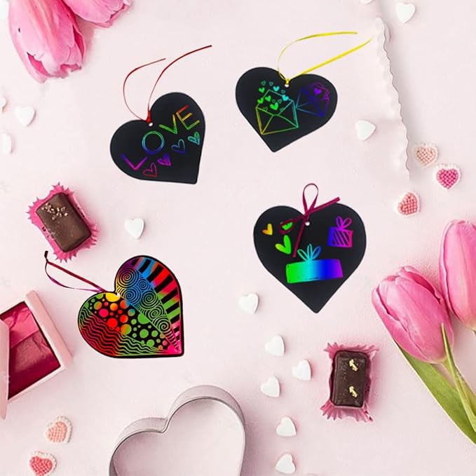 Valentines Day Scratch Paper 96 Pieces Art Rainbow Heart-shaped Scratch Craft Art with Wooden Styluses and Ribbons for Kids Decorative Arts and Crafts Valentine's Day Wedding
