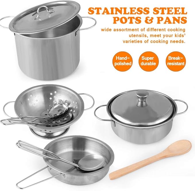 D-FantiX Play Kitchen Accessories, Kids Play Pots and Pans Playset with Mini Stainless Steel Pretend Play Cooking Toys, Cookware Utensils, Apron and Chef Hat, Cutting Food for Toddler Boys Girls