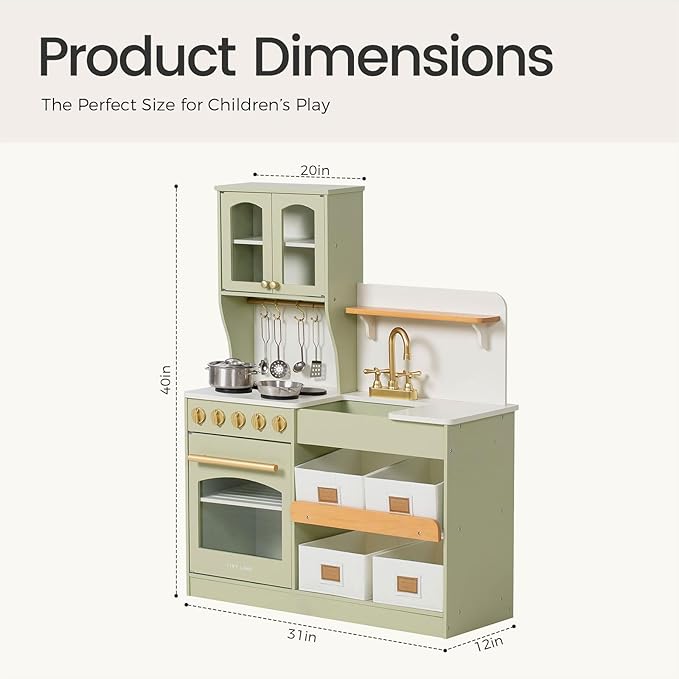 Tiny Land Play Kitchen for Kids, Wooden Play Kitchen with Toy Storage System, Toy Kitchen Set with Plenty of Play Features, Kids Play Kitchen Designed, Gift for Ages 3+ (Green)