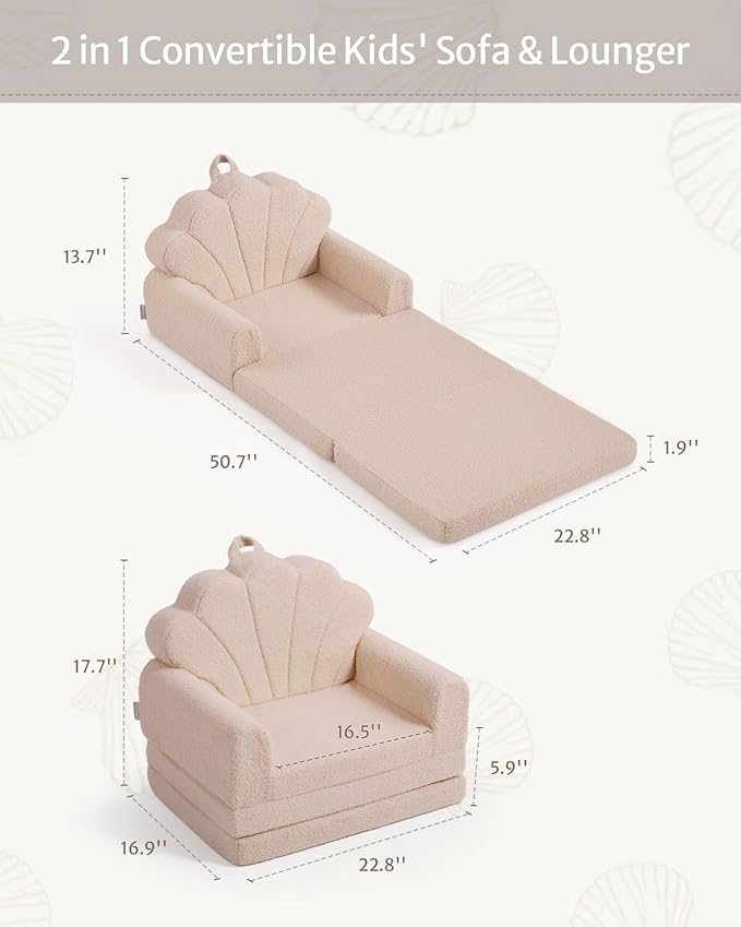 Blissful Diary Kids Couch, 2-in-1 Soft Toddler Couch Fold Out, Toddler Chair Comfy, Convertible Sofa to Lounger with Cute Shell Designs, Beige
