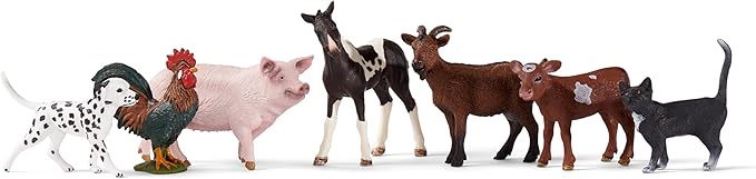 Schleich Farm World 7-Piece Farm Animal Gift Set Including Dalmatian, Cat, Pig, Goat, Rooster, Texas Longhorn Calf and Pinto Foal Animal Toys