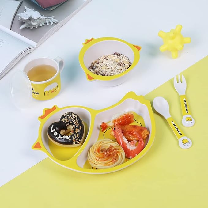 Bamboo Kids Dinnerware Set 5 Pcs Includes Plate Bowl Cup Fork Spoon Perfect for Kids BPA-Free (Chicken)