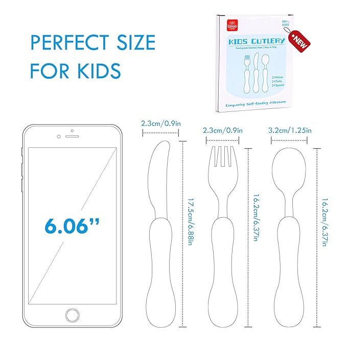 Lehoo Castle Toddler Fork and Spoon, 6pcs Toddler Utensils Kids Silverware, Safe Stainless Steel Toddler Fork Spoon Set, Children Flatware Set, Incudes 3 Spoons and 3 Forks (Blue Yellow)