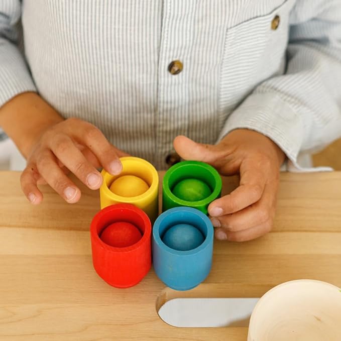Ulanik Balls in Cups Starter Kit Toddler Montessori Toys for 1+ Year Old Kids Wooden Matching Game for Learning Color Sorting and Counting — 4 Balls, 1.18 in