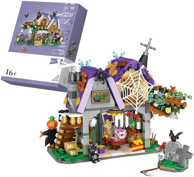 Street View Halloween Haunted House Bricks Model Set, 765Pcs DIY Building Block Assembly Mini Particle Construction Toy