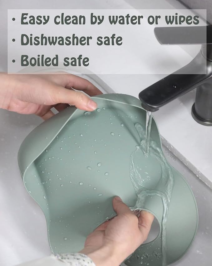 Ginbear Baby Bowls with Suction, Silicone Bibs, Baby Spoons, Baby Led Weaning Supplies, Toddler Feeding Set for Ages 6 Months+ (Hazy Green)