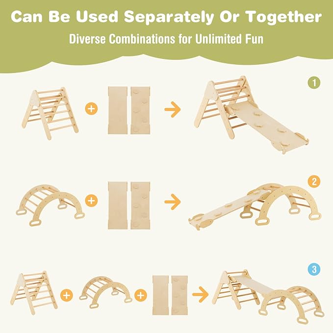 Costzon Climbing Toys for Toddlers, 5 in 1 Foldable Montessori Wooden Arch Climber Ladder with Sliding Ramp, Multi-Combination Methods, Kids Triangle Climber Play Gym Set for Boys Girls Present