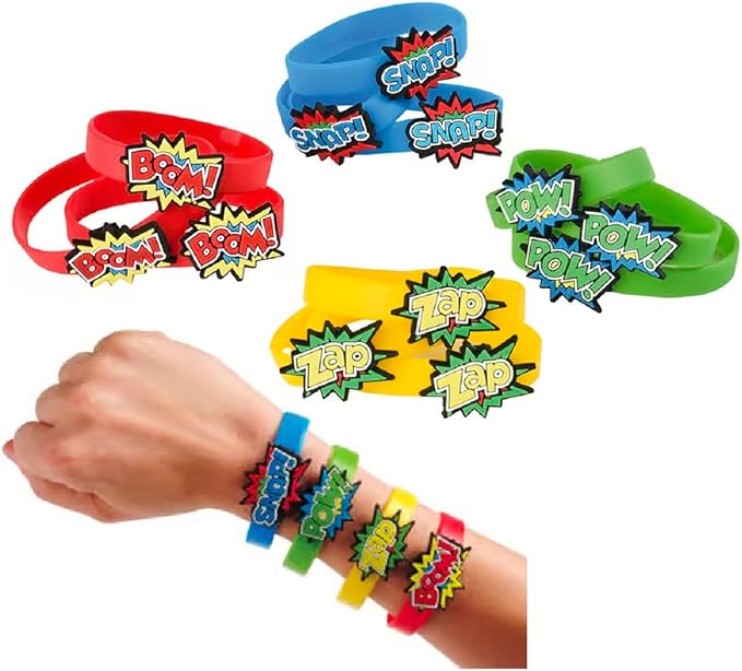 Superhero Stretchy Rubber Bracelets 24 Pack (6") Colorful Wristbands with Comic Super Hero Action Sayings Snap! Pow! Boom! Zap. Great for Birthday, Party Favors (Superhero Bracelets, 24)