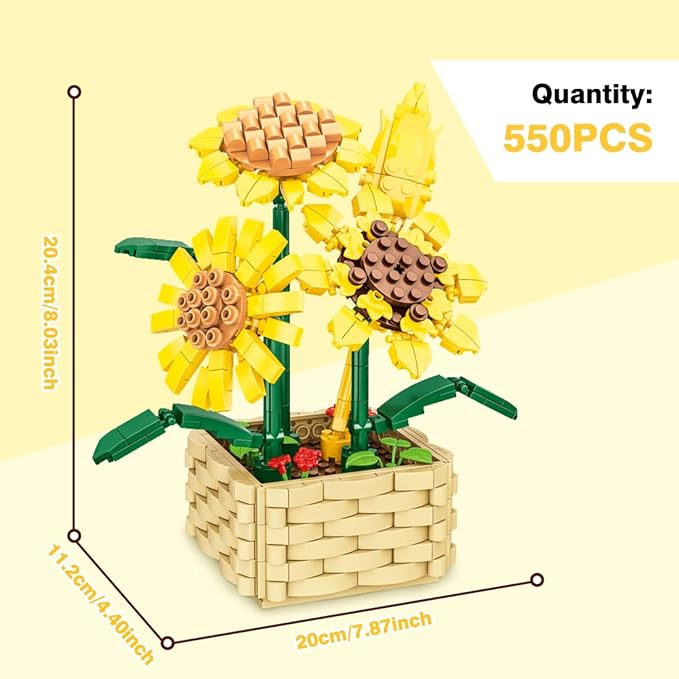 Sunflower Bouquet Building Block Set, 550 Pcs Mini Building Block Bouquet Building Block Set, Flower Building Toys, Creative Building Block Plant Series, Gift for Adults and Kids
