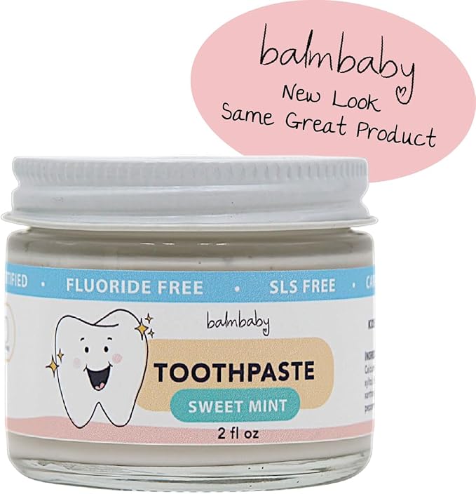 Kids All Natural Fluoride Free Toothpaste by Balm Baby Brand – SLS Free Toothpaste with Xylitol, Vegan, Gluten Free, BPA Free, Glass Jar Zero Waste Children’s Teeth Paste (2PK Mint)
