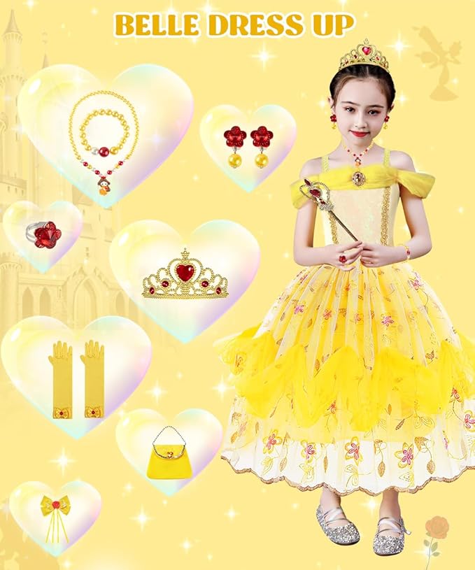 Princess Dress Up Clothes for Little Girls, Belle Costume Dress with Accessories for Birthday Party Cosplay Halloween